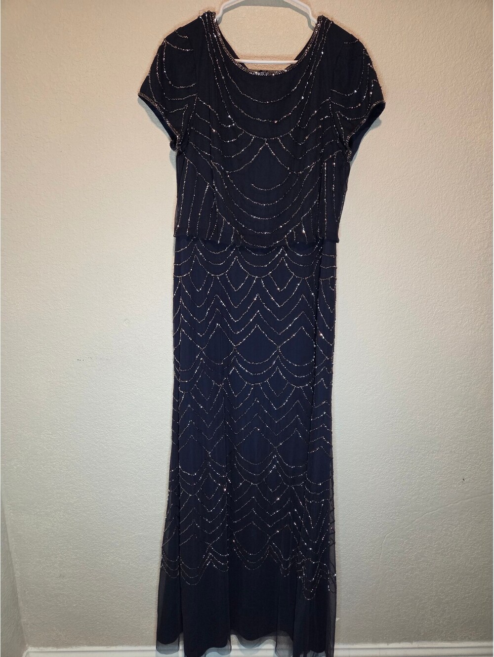 Adrianna Papell Navy Blue Beaded Evening Dress Size 14
